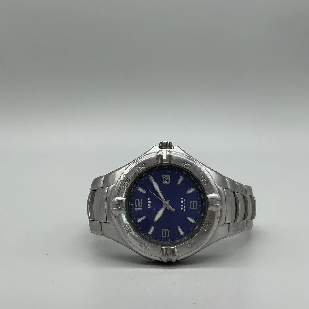 Timex Indiglo WR 50M Mens Watch 39mm Blue Dial Silver Tone Date New Battery 7